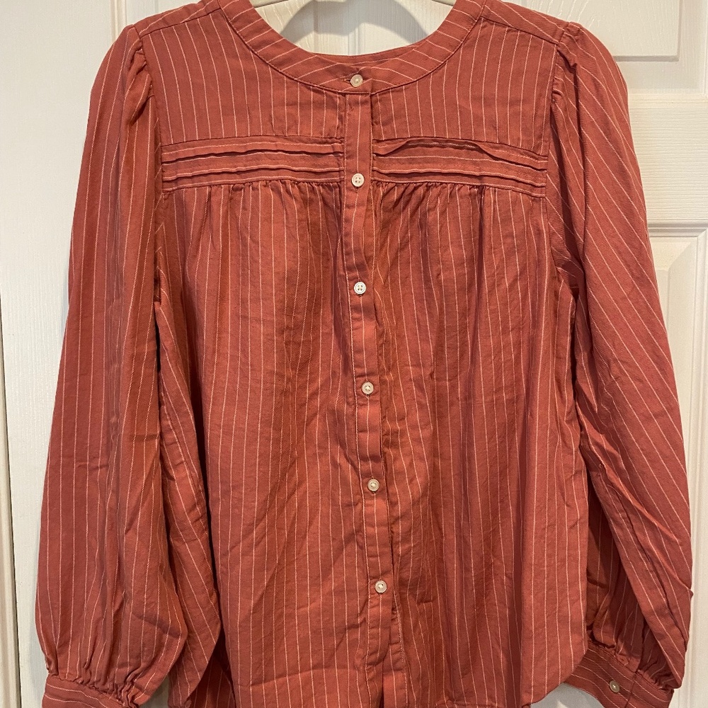 LOFT Medium Long Sleeve Button-Down Peachy Pink Pinstripe Blouse